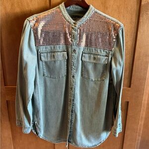 Anthropologie Olive Green Sequin Utility Button-Down Shirt | Size 12